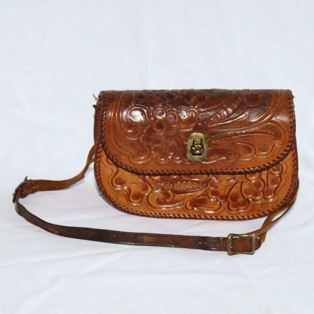 Vtg 70s Brown Leather Floral Hand Tooled Boho Western Purse Shoulder Bag Handbag